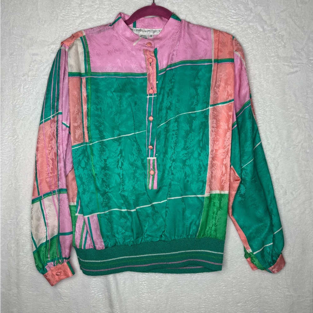Vintage Anne Crimmins Top Long Sleeve 100% Silk Button Up Pullover Size 8